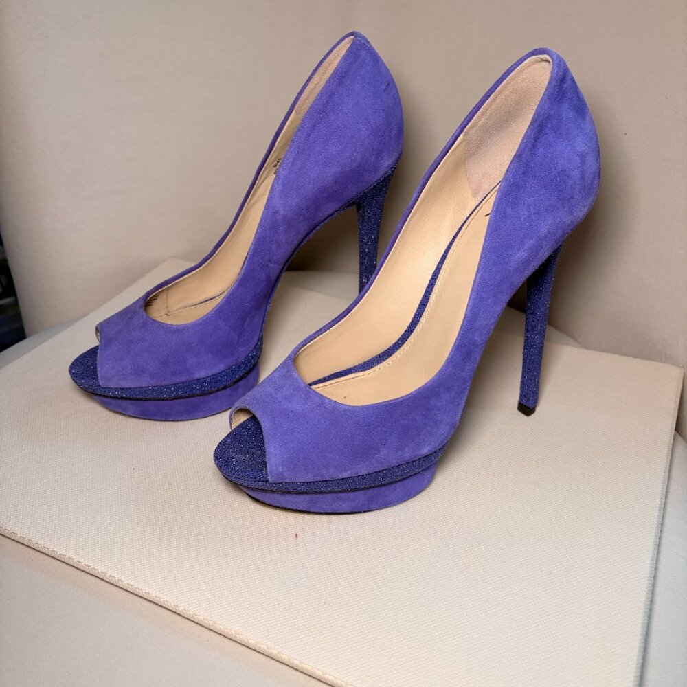 B Brian Atwood Purple Suede Platform Peep Toe Heels with Glitter Platforms, Sz 9